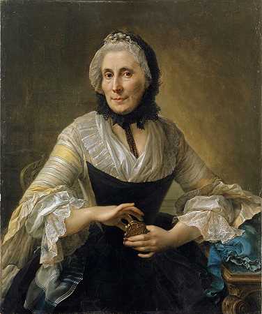 一位无名女士拿着一个金色巧克力盒的肖像`Portrait of an Unknown Lady with a Golden Chocolate Box (1759) by Johann Nikolaus Grooth