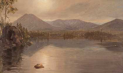 从缅因州卡塔赫丁湖出发，登上卡塔赫丁和特纳山`Mounts Katahdin and Turner from Lake Katahdin, Maine (1855–60) by Frederic Edwin Church