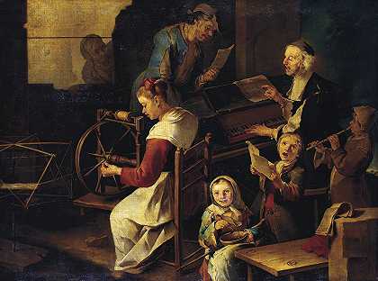 有音乐家和女人纺纱的家庭场景`Domestic Scene with Musicians and Woman Spinning (ca. 1720 – 1730) by Giacomo Francesco Cipper