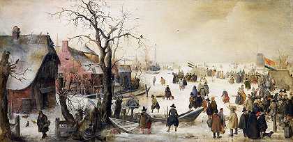 运河上的冬季景色`Winter Scene on a Canal by Hendrick Avercamp