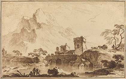 筑有防御工事的桥，通往遥远的山脉`Fortified Bridge against Distant Mountains (c. 1760) by Pietro Giacomo Palmieri