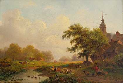 村庄附近有牛棚和牛群的夏季景观`Summer Landscape With Sheperds And Cattle Near A Village (1865) by Frederik Marinus Kruseman