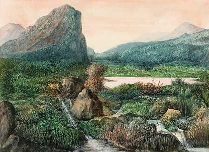 有湖泊和瀑布的山地景观`A Mountainous Landscape with a Lake and waterfalls by George Sand