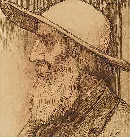 一个戴宽边帽的老人的头`Head of an Old Man with a Wide~Brimmed Hat by Alphonse Legros