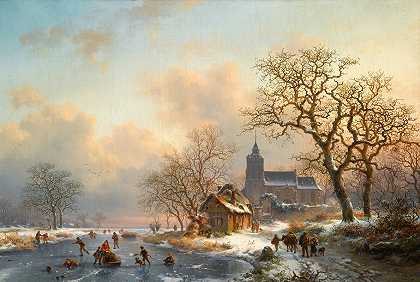 冰河上的冬季风景`A Winter Landscape With Skaters On A Frozen River (1867) by Frederik Marinus Kruseman
