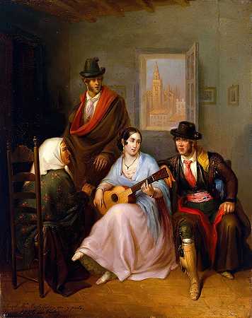 侍女唱歌。酒馆场景`Serving Girl Singing. Tavern Scene (1846) by Angel María Cortellini Hernández
