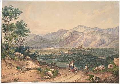 在英国雕刻和意大利风格的萨宾纳山脉图案之后，可以看到黎巴嫩`View of Lebanon, after an English Engraving and an Italianate motif of the Sabiner Mountains (1837) by Ernst Welker