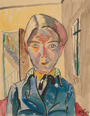 楼梯前的自画像`Self~Portrait In Front Of Stairs (Selbst Vor Treppe) (1922) by Walter Gramatté