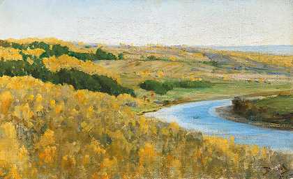 金色秋天的奥卡河`The River Oka In Golden Autumn by Vasily Dmitrievich Polenov