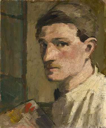 带调色板的自画像`Self~Portrait with Palette (1908~1909) by Hans Brühlmann