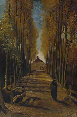 秋天的杨树大道`Avenue of Poplars in Autumn (1884) by Vincent van Gogh