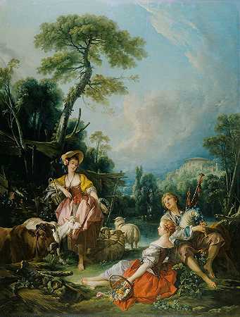 带着风笛手的牧歌`Pastoral with a Bagpipe Player (1749) by François Boucher