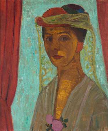 带帽子和面纱的自画像`Self~portrait with hat and veil by Paula Modersohn-Becker