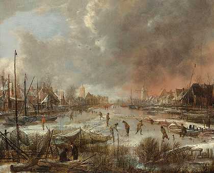冬季风景，运动员在冰冻的河流上`Winter landscape with sportsmen on a frozen river by Aert van der Neer