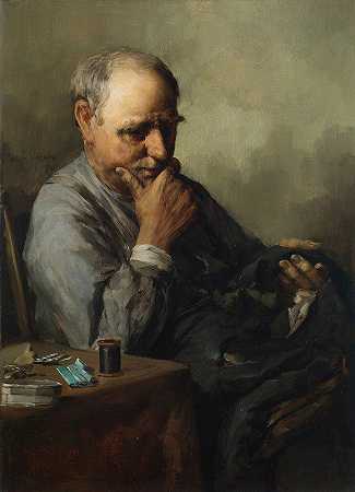 老人修补`Old Man Mending (1891) by Paul E. Harney