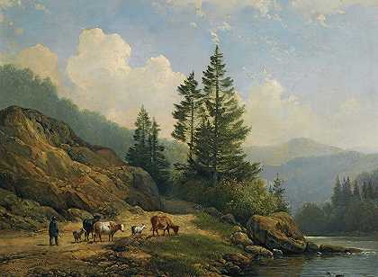 山区的牛群`A Herd With Cattle In A Mountainous Landscape by Hendrikus van de Sande Bakhuyzen