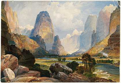 犹他州南部波涛汹涌的山谷`Valley of Babbling Waters, Southern Utah (ca. 1875) by Thomas Moran