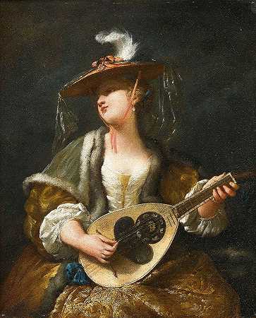 演奏曼陀林的女士`A Lady Playing A Mandolin by Jean Barbault