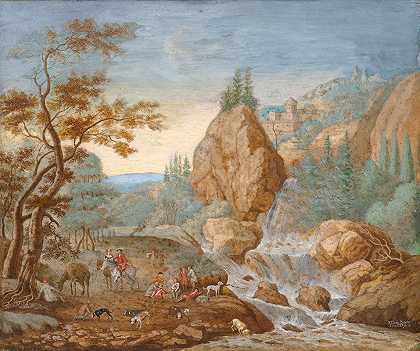 山景，前景是狩猎派对`Mountain Landscape with a Hunting Party in the Foreground (1737) by F.C. van Bracht