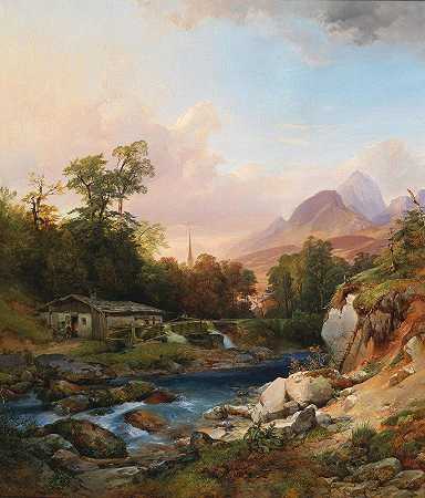 有铁匠铺的山景`A Mountain Landscape With A Smithy by Anton Hansch