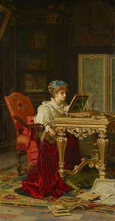 做音乐的女士（艾琳·迪·斯皮林贝戈）`A Lady Making Music (Irene Di Spilimbergo) (1877) by Antonio Barzaghi-Cattaneo