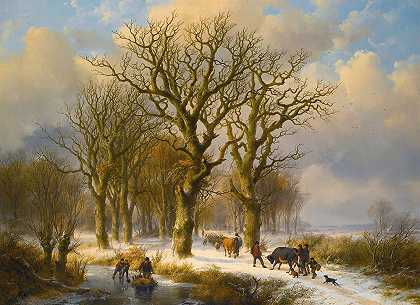 冬季景观与牛司机`Winter Landscape With Cattle Drivers (1863) by Johann Bernhard Klombeck