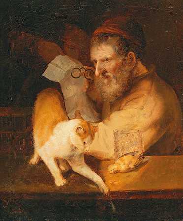 一位老人拿着一封信，一只猫在窗台上`An Old Man Holding A Letter, With A Cat On A Ledge by Christoph Paudiss
