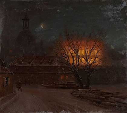 德累斯顿冬夜`Winter Evening in Dresden (1845) by Knud Baade