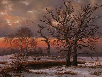 丹麦冬季景观与多尔曼`Danish Winter Landscape with Dolmen (1838) by Johan Christian Dahl