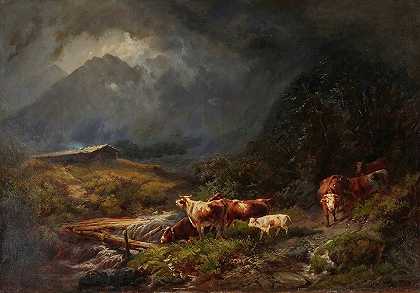 山区的奶牛`Cows In A Mountainous Landscape (1873) by Otto Sommer