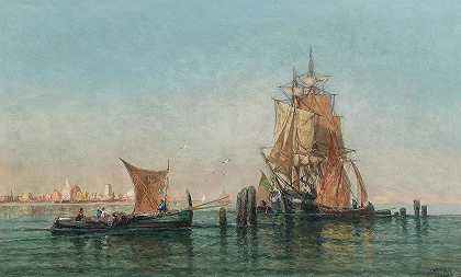 威尼斯，环礁湖的商船`Venice, Trading Vessels in the Lagoon by Jules Vernier