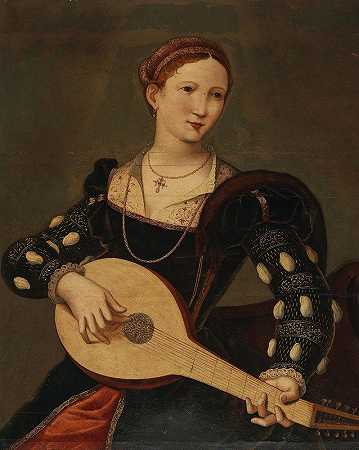 演奏琵琶的年轻女士`A Young Lady Playing A Lute (16th Century) by School Of Antwerp