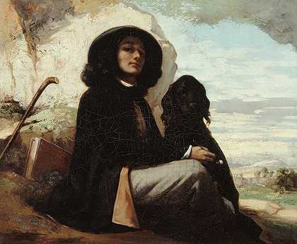 自画像告诉黑狗曲线`Autoportrait dit Courbet au chien noir (1842~1844) by Gustave Courbet