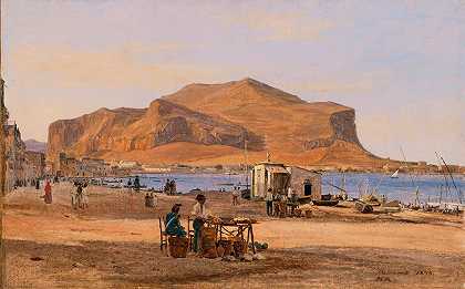 从巴勒莫港可以看到佩莱格里诺山`Palermo Harbor with a View of Monte Pellegrino (1840) by Martinus Rørbye