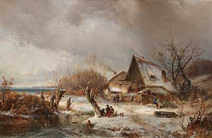 带农庄的冬季景观`Winter Landscape With Farmstead by Adolf Stademann