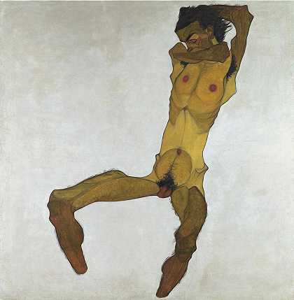 男性裸体坐姿（自画像）`Seated Male Nude (Self~Portrait) (1910) by Egon Schiele