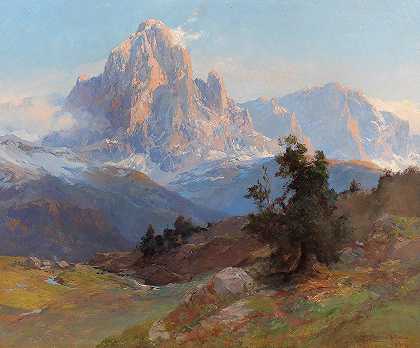 萨索隆戈山景观`A view of Mount Sassolungo (1914) by Edward Theodore Compton