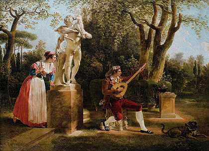 优雅地在罗马的一个公园里听吉他手演奏`Elegante Listening To A Guitar Player In A Park In Rome (1791) by Jacques Sablet