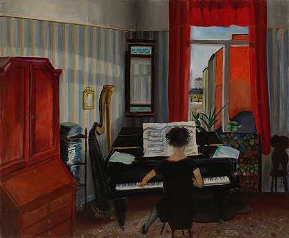 室内，女人在弹钢琴`Interior, Woman Playing the Piano (1931) by Sulho Sipilä