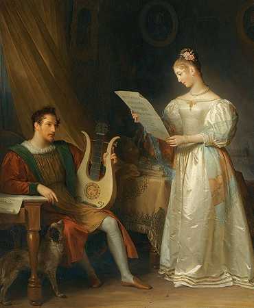 室内有一个拿着竖琴的男人和一个拿着乐谱的女人`Interior With A Man Holding A Lyre And A Woman With A Music Score by Marguerite Gérard