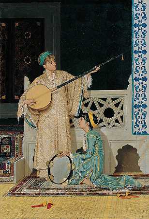 两个音乐女孩`Two Musician Girls by Osman Hamdi Bey