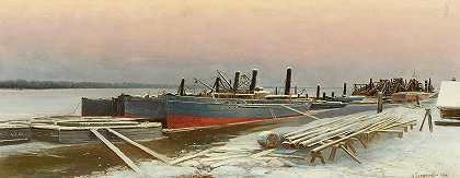 冬天码头上的船只`Boats at Dock in Winter (1885) by Mikhail Pomeranzev