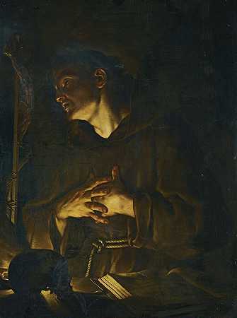 圣方济各在十字架前用烛光祈祷`Saint Francis Praying Before A Crucifix By Candlelight by Francesco Trevisani