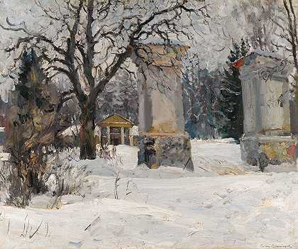 冬天的庄园入口`Entrance To An Estate In Winter by Sergei Arsenevich Vinogradov