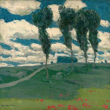 杨树春景`Spring Landscape With Poplar Trees (1914–1920) by Alois Kalvoda