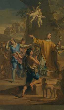 一个被奉献者包围的圣徒欣喜若狂的户外场景`An Outdoor Scene With A Saint In Ecstatic Rapture, Surrounded By Devotees by Jacopo Alessandro Calvi