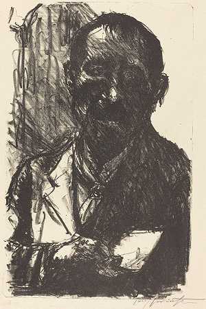 自画像素描`Self~Portrait Sketching (1920) by Lovis Corinth