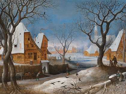 冬天的风景，村庄里的人物`A winter landscape, with figures in a village by Adriaen van Stalbemt