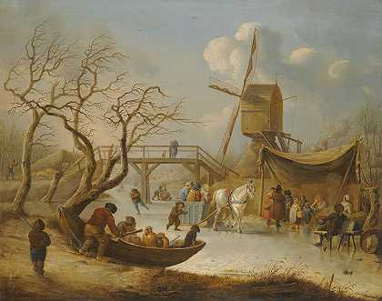 一个冬天的风景，有溜冰的人和一辆马拉的雪橇靠近风车`A Winter Landscape With Skating Figures And A Horse~Drawn Sleigh Near A Wind Mill (1798) by Andries Vermeulen