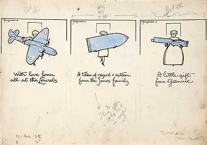 三个卡通人物，女性携带一架飞机、一枚炮弹和一把机枪`Three cartoon figures of women carrying an aeroplane, a shell and a machine gun (between 1939 and 1946) by Fougasse  